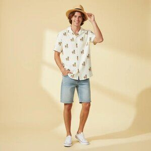 Denim & Flower Better Together Pizza & Pineapple Print Button Front Men's S, NWT